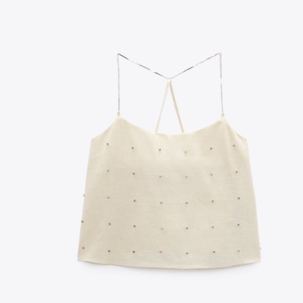 Zara Cream Jewel Appliqué Linen Blend Top - Picture 4 of 7